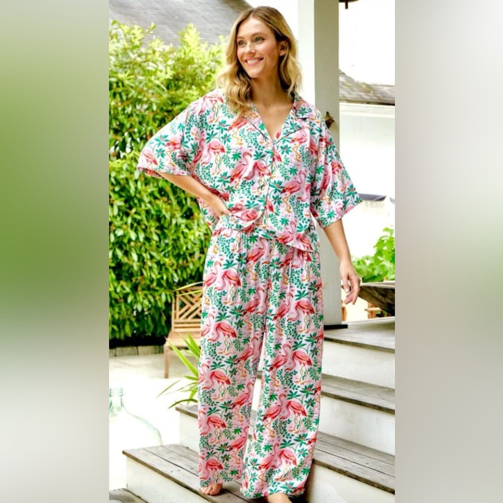 Printfresh Flock of Flamingos Eco Satin-Wildest Dream Pajama Set-NWT-medium